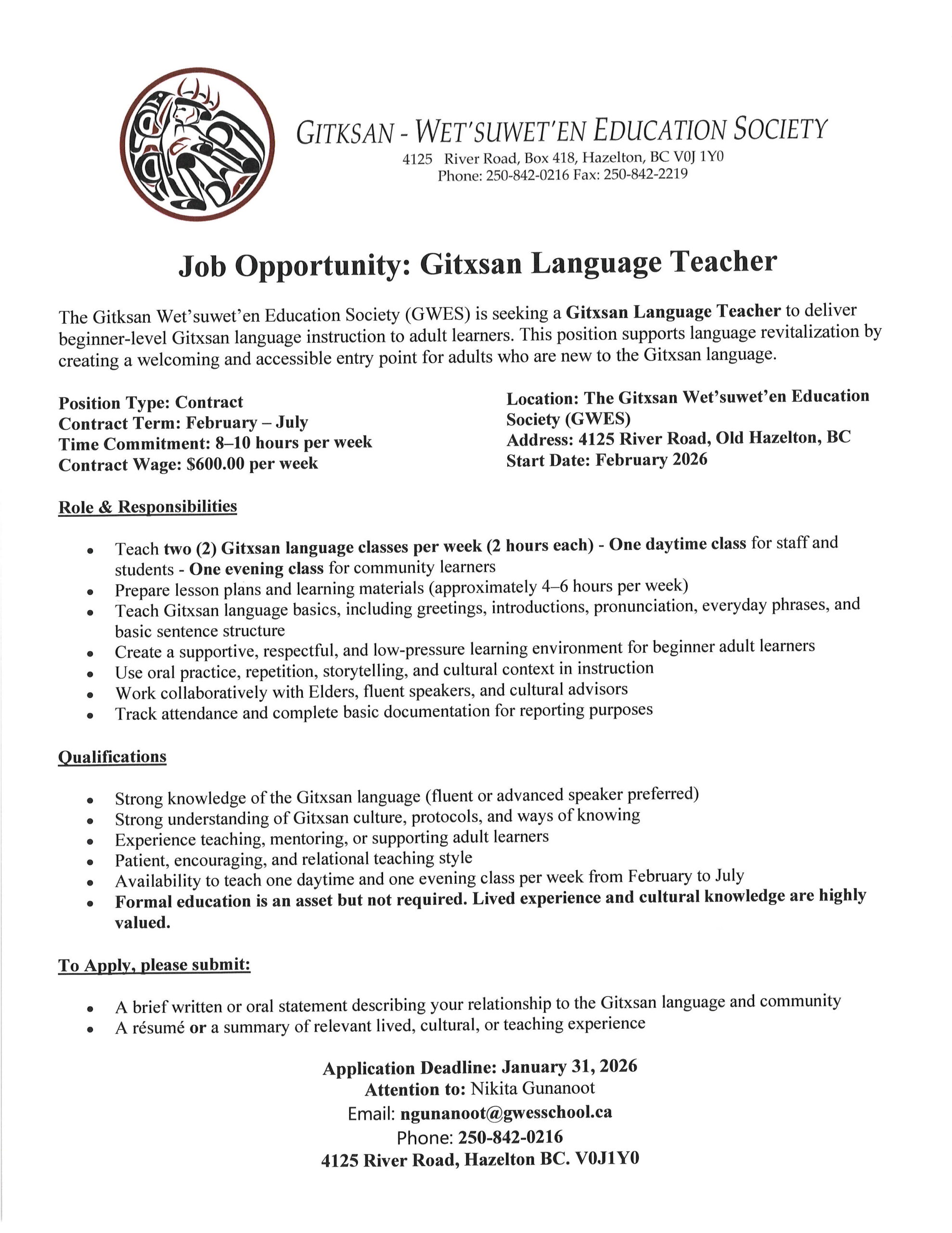 GITXSAN LANGUAGE TEACHER JOB POSTING - 2026